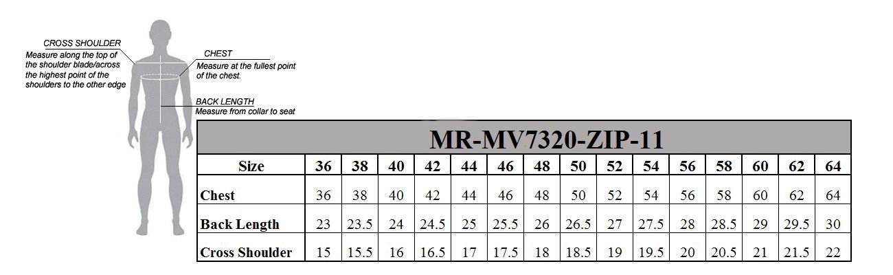 SIZE CHART FOR MEN'S BLACK LEATHER MOTORCYCLE CLUB VEST.