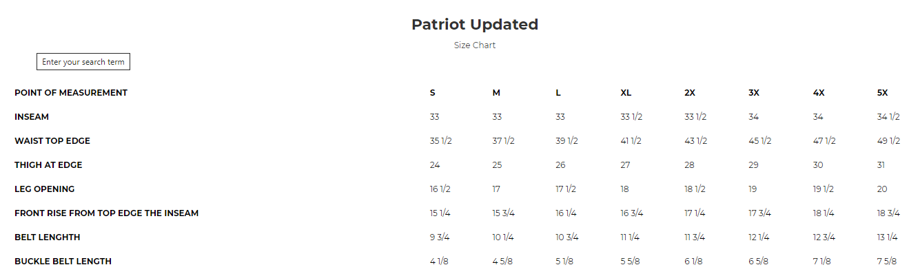 Size chart for Patriot men's leather motorcycle chaps.