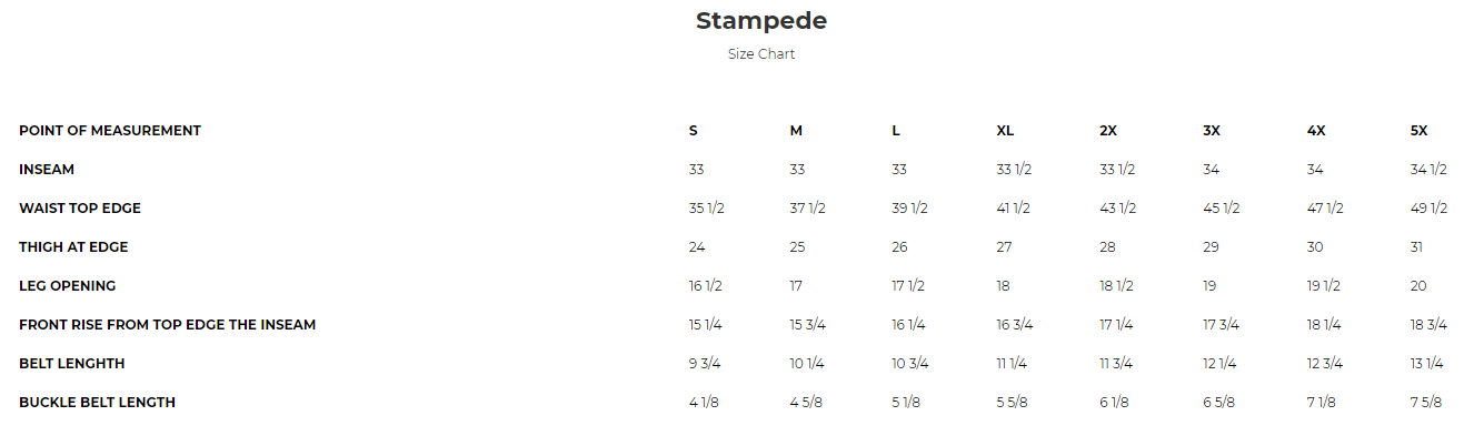 Size chart for Stampede brown leather motorcycle chaps.