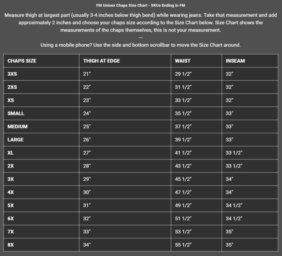 Size Chart for Bully Men's or Women's Premium Platinum Leather Motorcycle Chaps - SKU GRL-FIM841CPM-FM