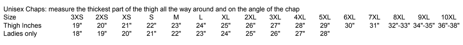 Size Chart for UNIK Unisex Ultra Leather Deep Pocket Motorcycle Chaps - SKU GRL-326-DP-UN